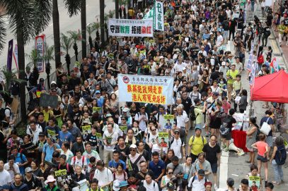 On the day of the 20th anniversary of the handover of Hong Kong to China protesters are marching in the streets to claim Hong Kong independence from China on Jul 1, 2017 in Hong Kong, Hong Kong.